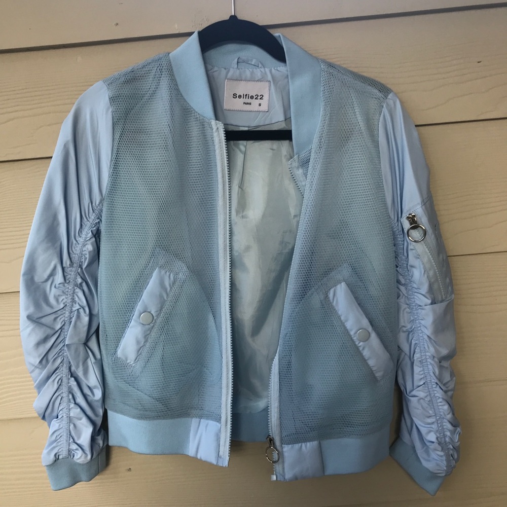 Baby blue mesh bomber jacket